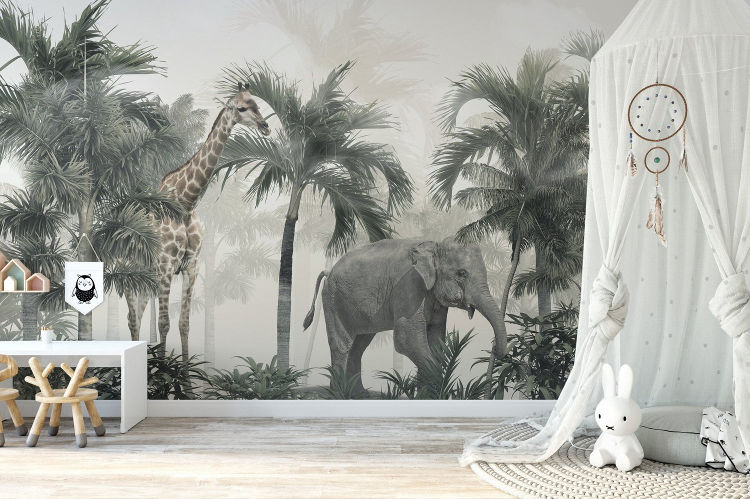  Watercolour elephant wallpaper for walls in a sage nursery scene