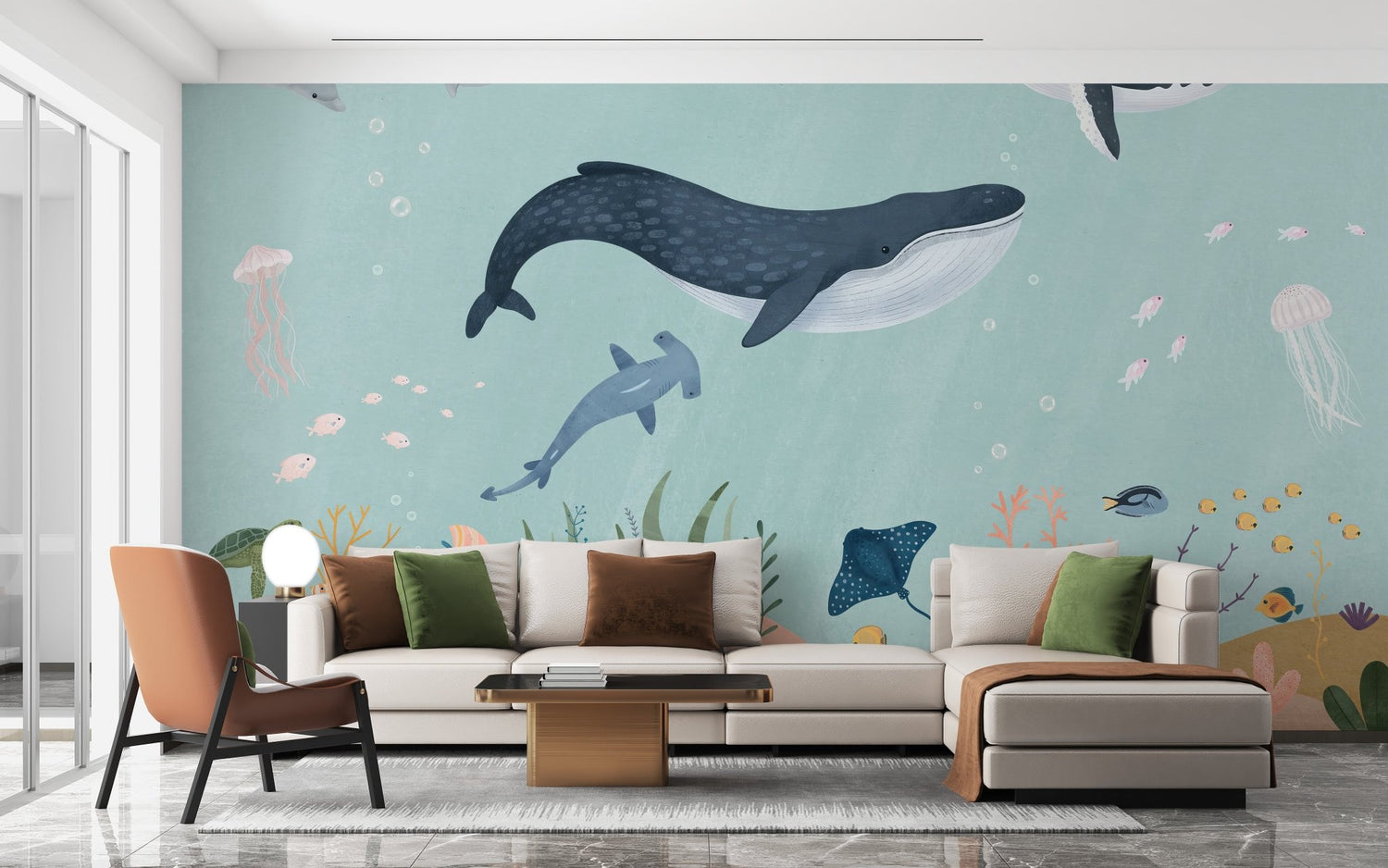 Fish wallpaper mural showing koi and reef fish swimming across a wall