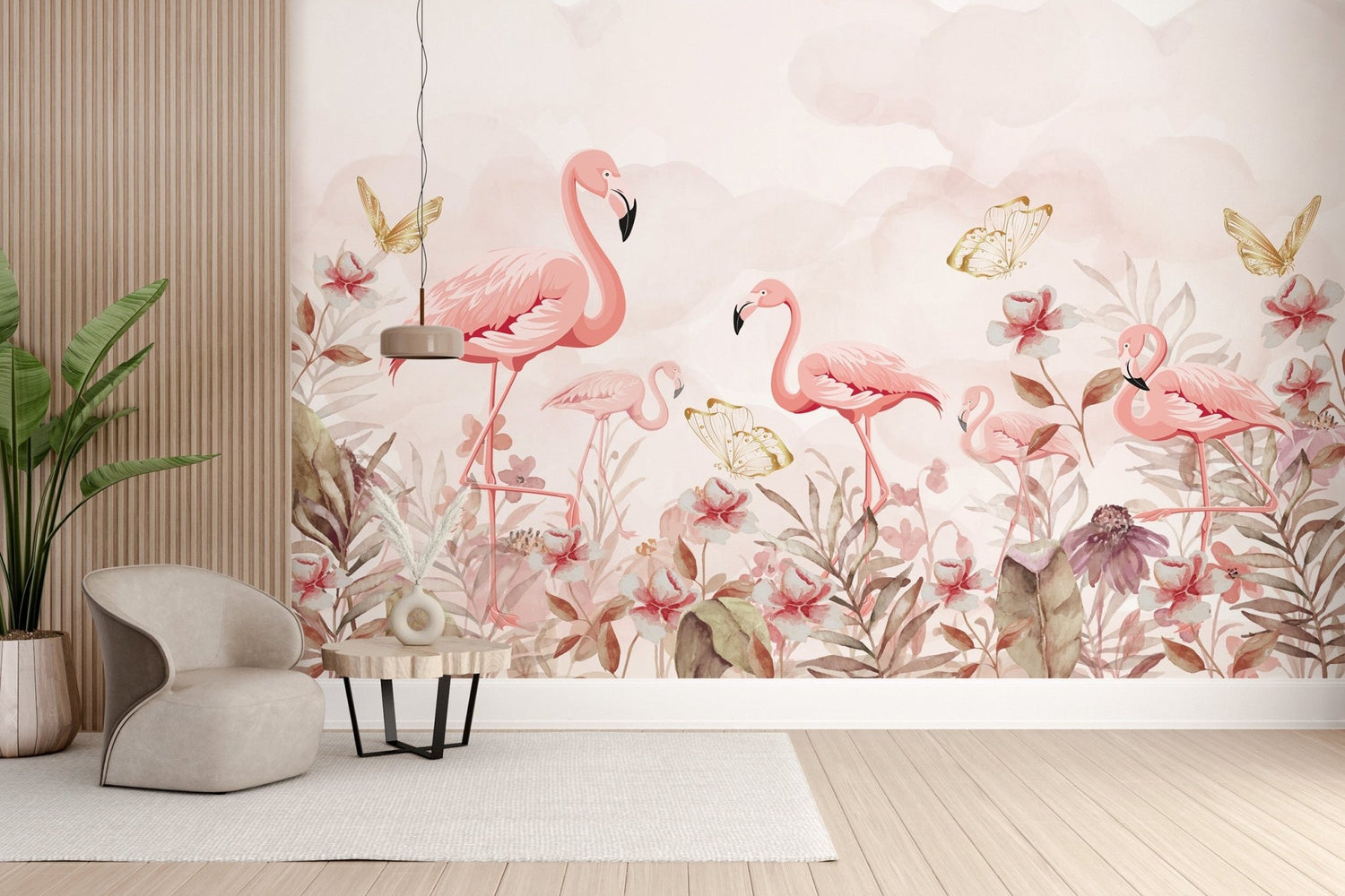 Flamingo wallpaper with tropical birds and palm leaves printed to wall size