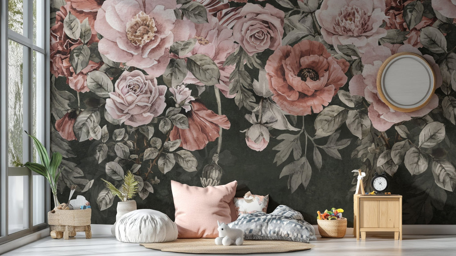 Floral wallpaper and murals on a feature wall 