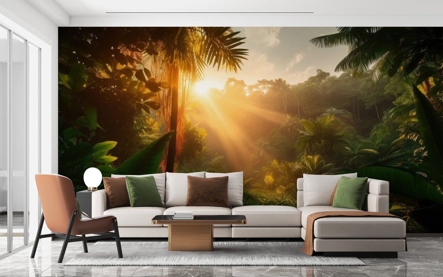 Misty foggy forest wallpaper mural with tall pine trees in soft green light