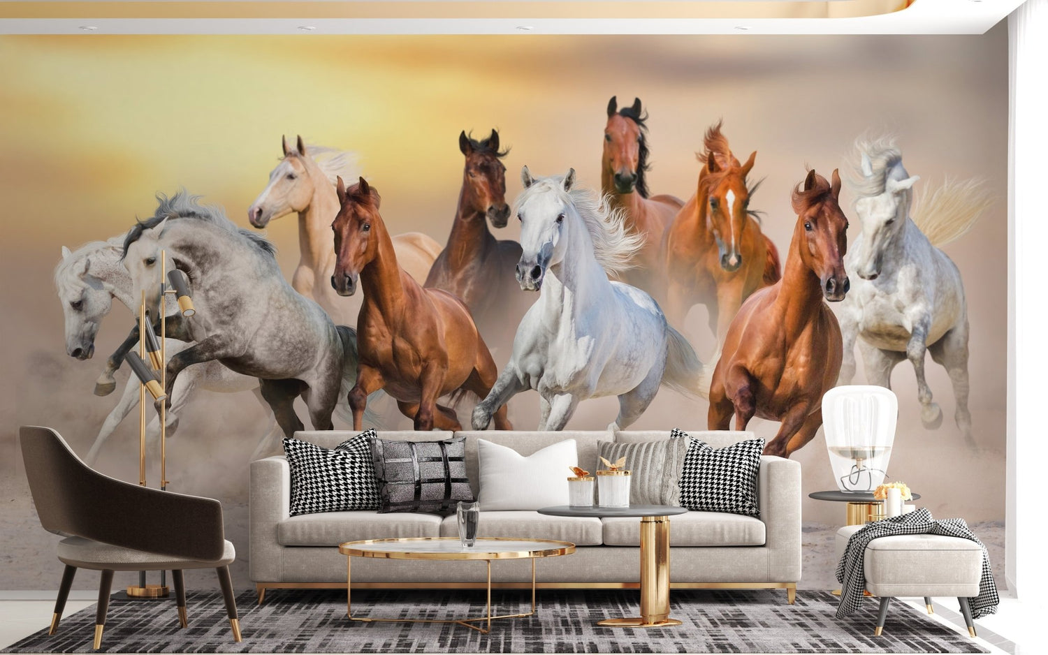 Horse wallpaper mural showing horses across a wide feature wall