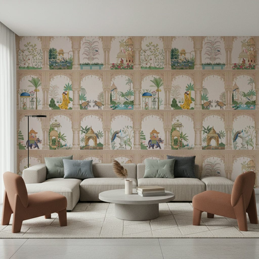 palace wallpaper with royal halls, arches and gilded murals