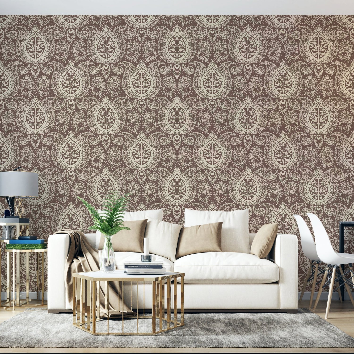 Iris Barges botanical paisley wallpaper in a calm lounge room 