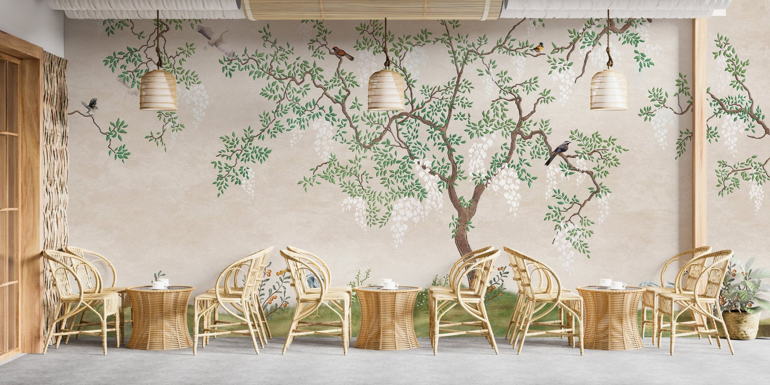 Japanese wallpaper with cherry blossom branches in a calm room.