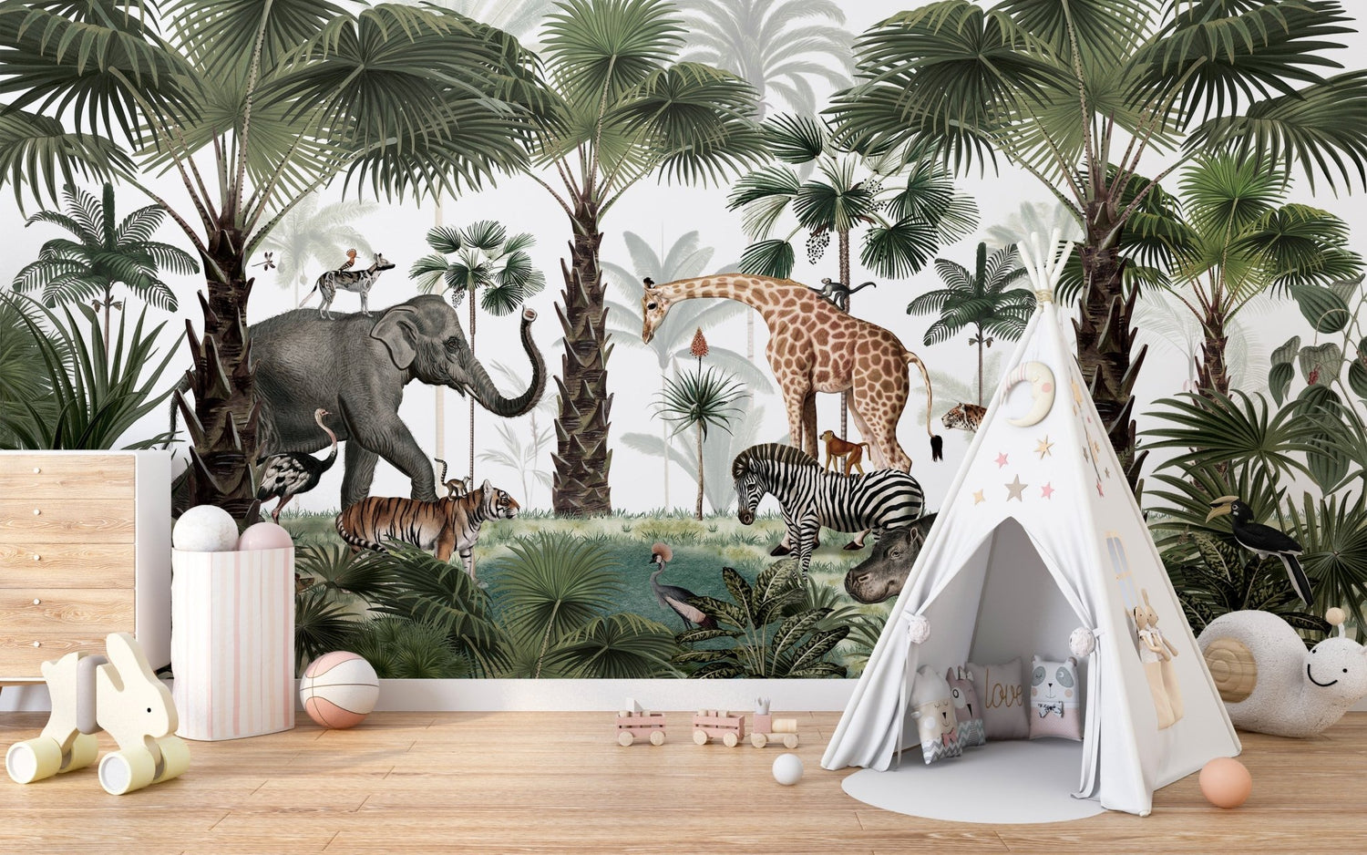 Kikki Belle designer wallpaper mural with monochrome dino, unicorn forest, farm animals, hummingbird hedge, and watercolour woodland kids scenes on a nursery wall