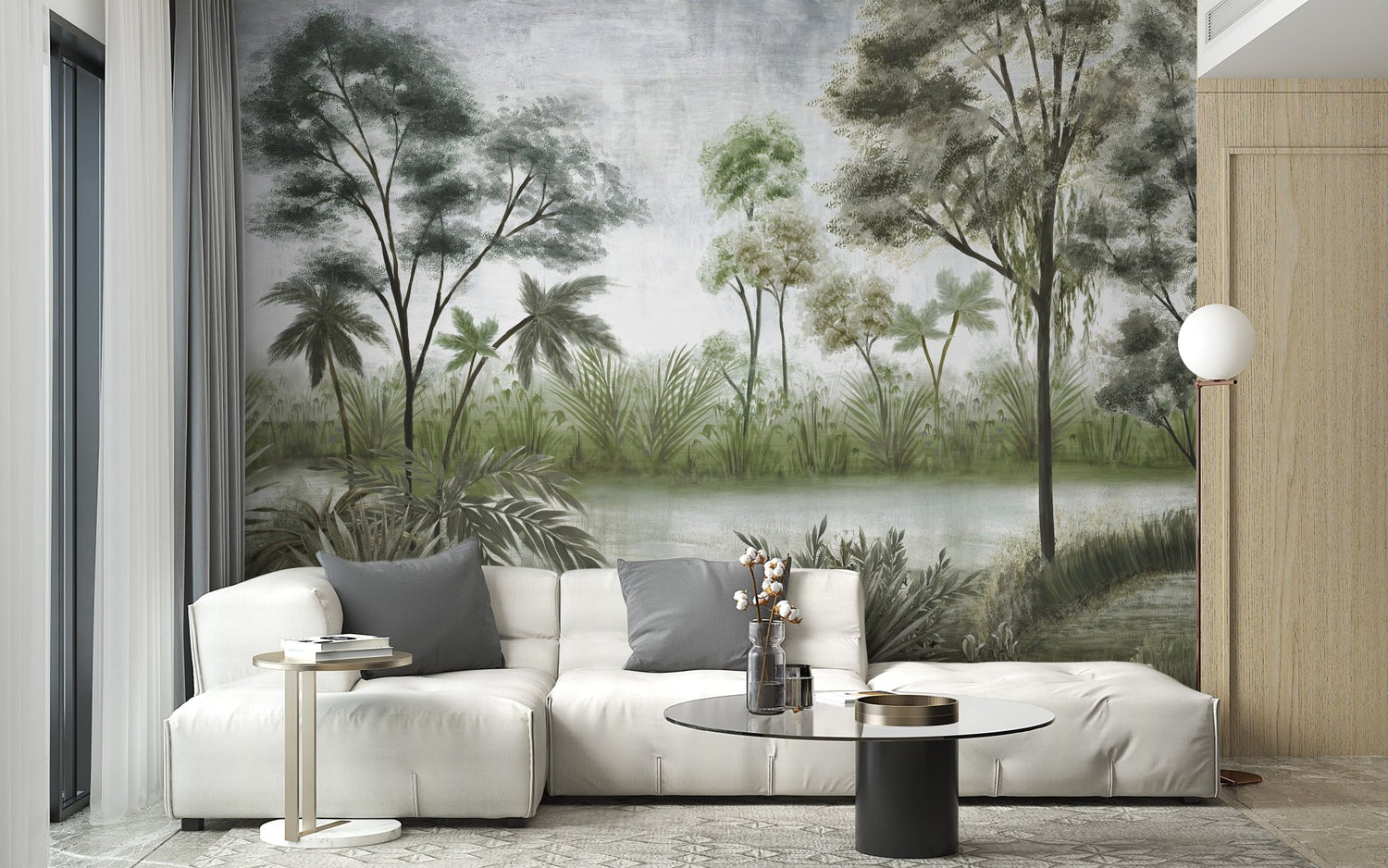 Lake wallpaper showing a calm, misty reflection of pine trees on the water.