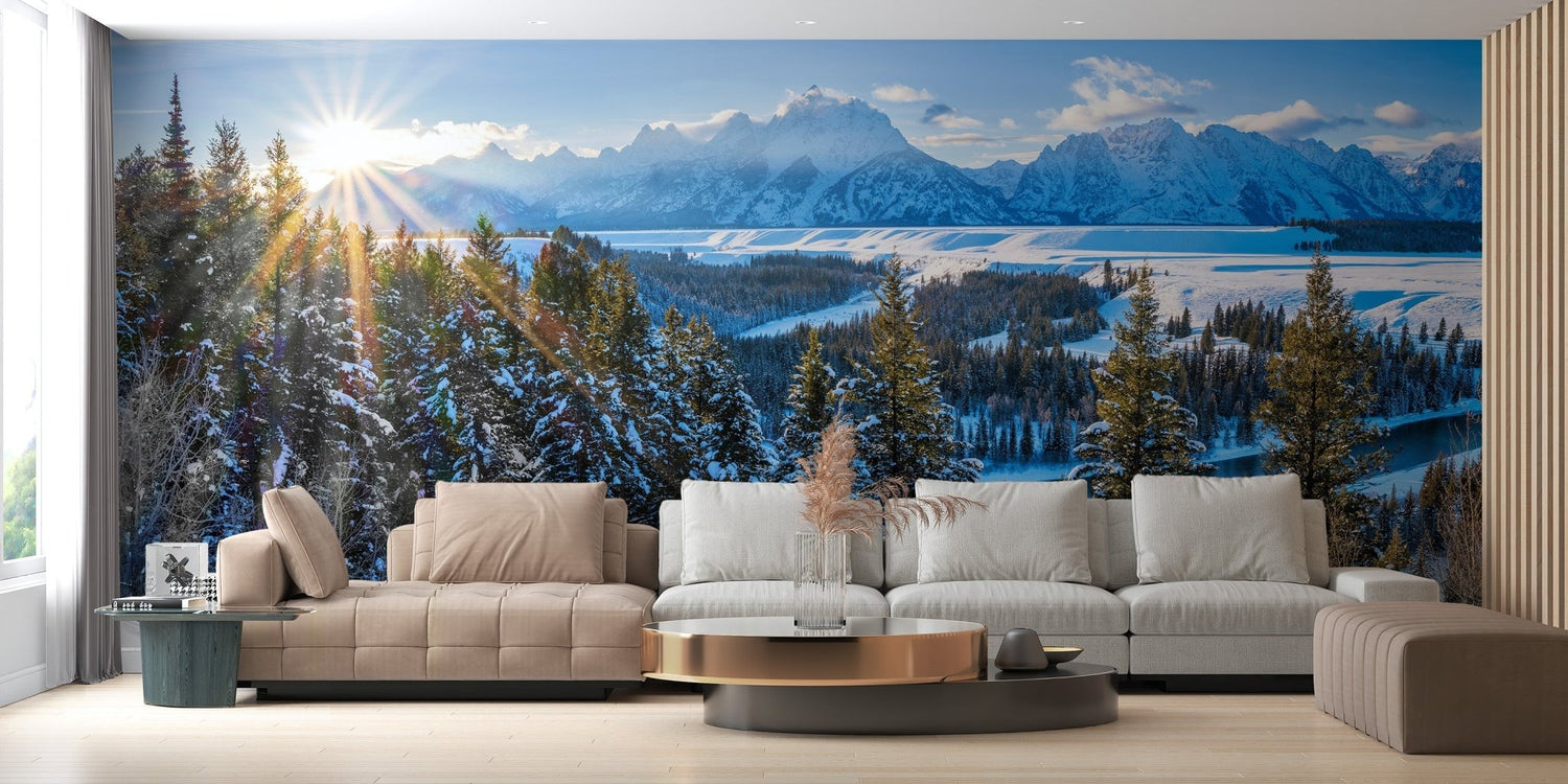 Landscape wallpaper mural of misty hills in a calm Living Room