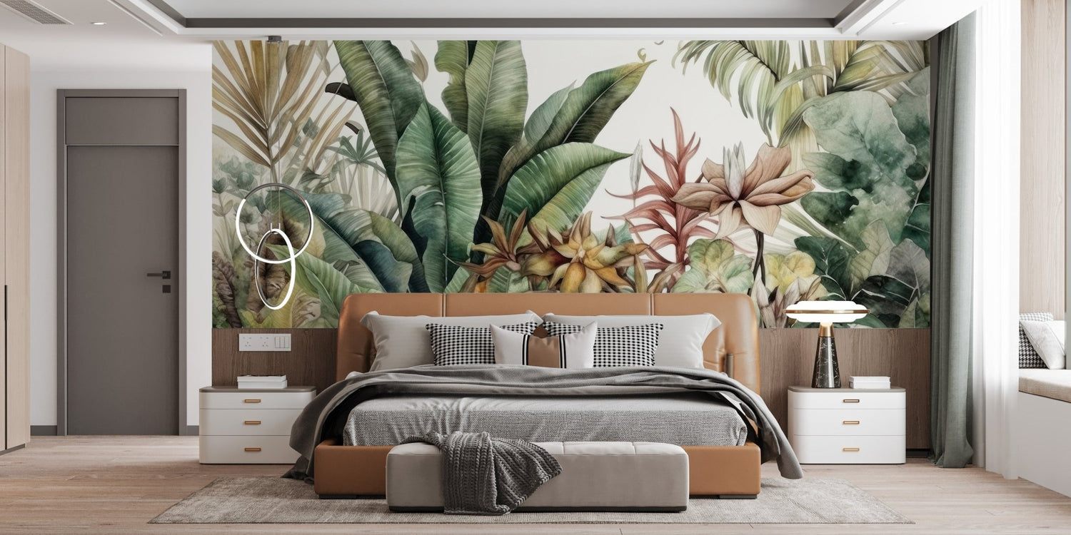 Botanical leaf wallpaper with tropical palms and banana leaves