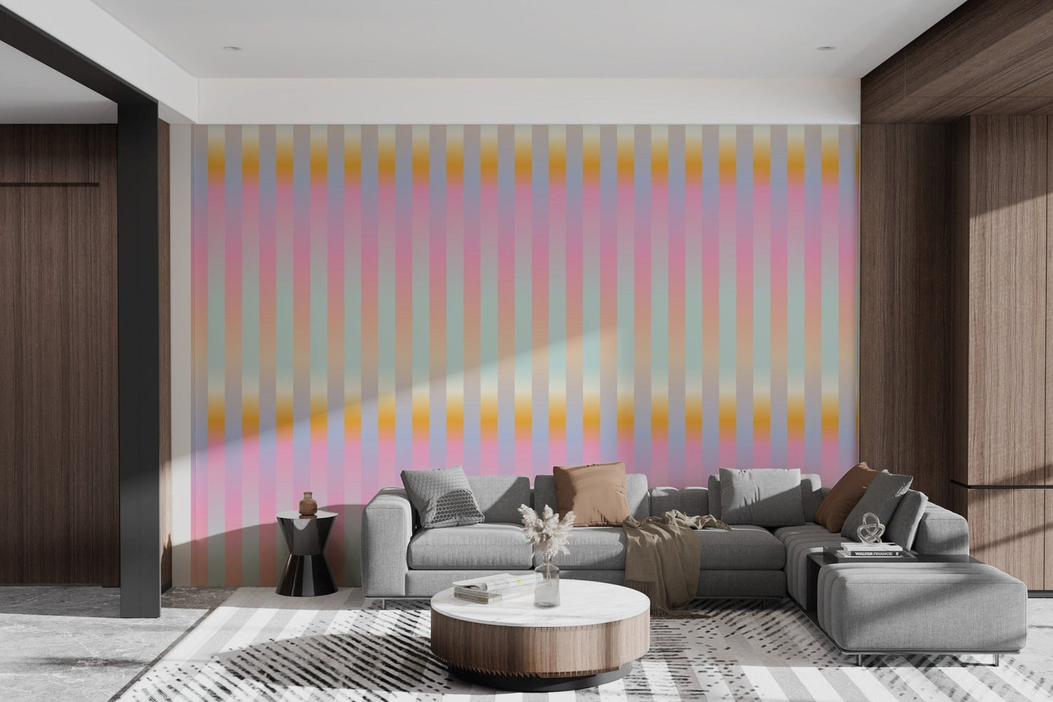 Line wallpaper with continuous one stroke black art on soft cream background