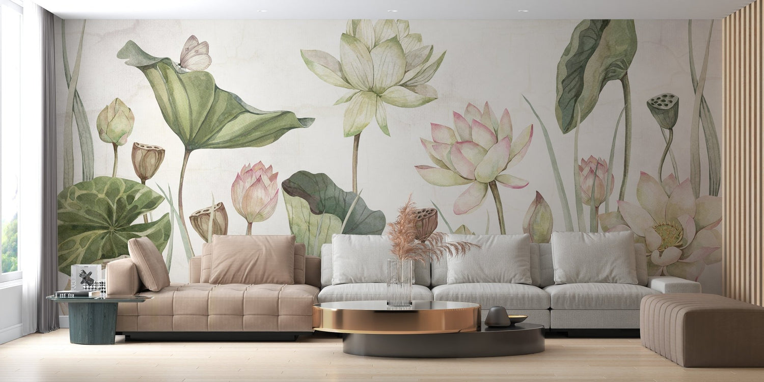 Pink and gold lotus wallpaper with soft watercolour blooms