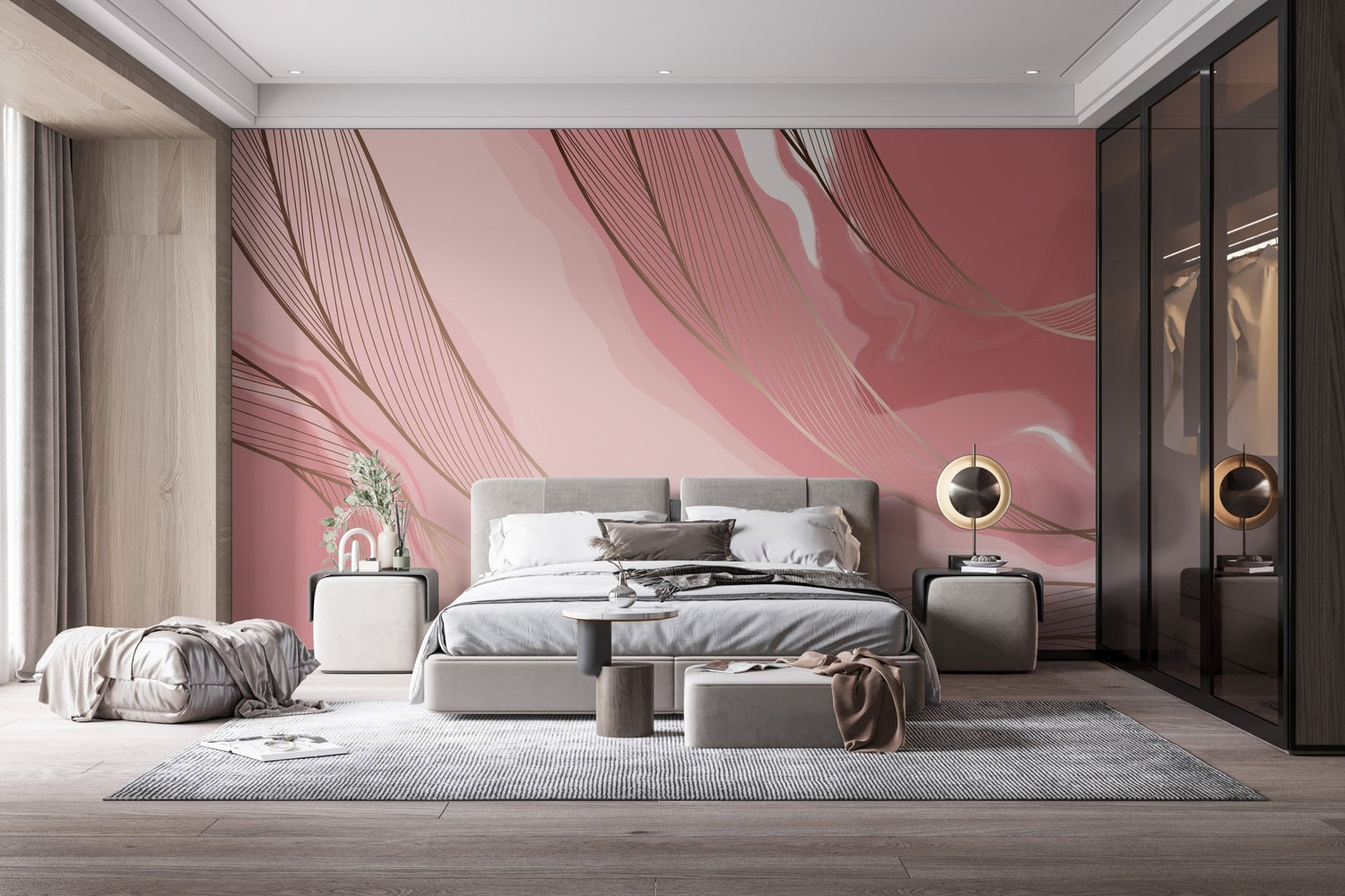 Luxury wallpaper murals with marble, velvet, and gold designer details in a modern lounge room