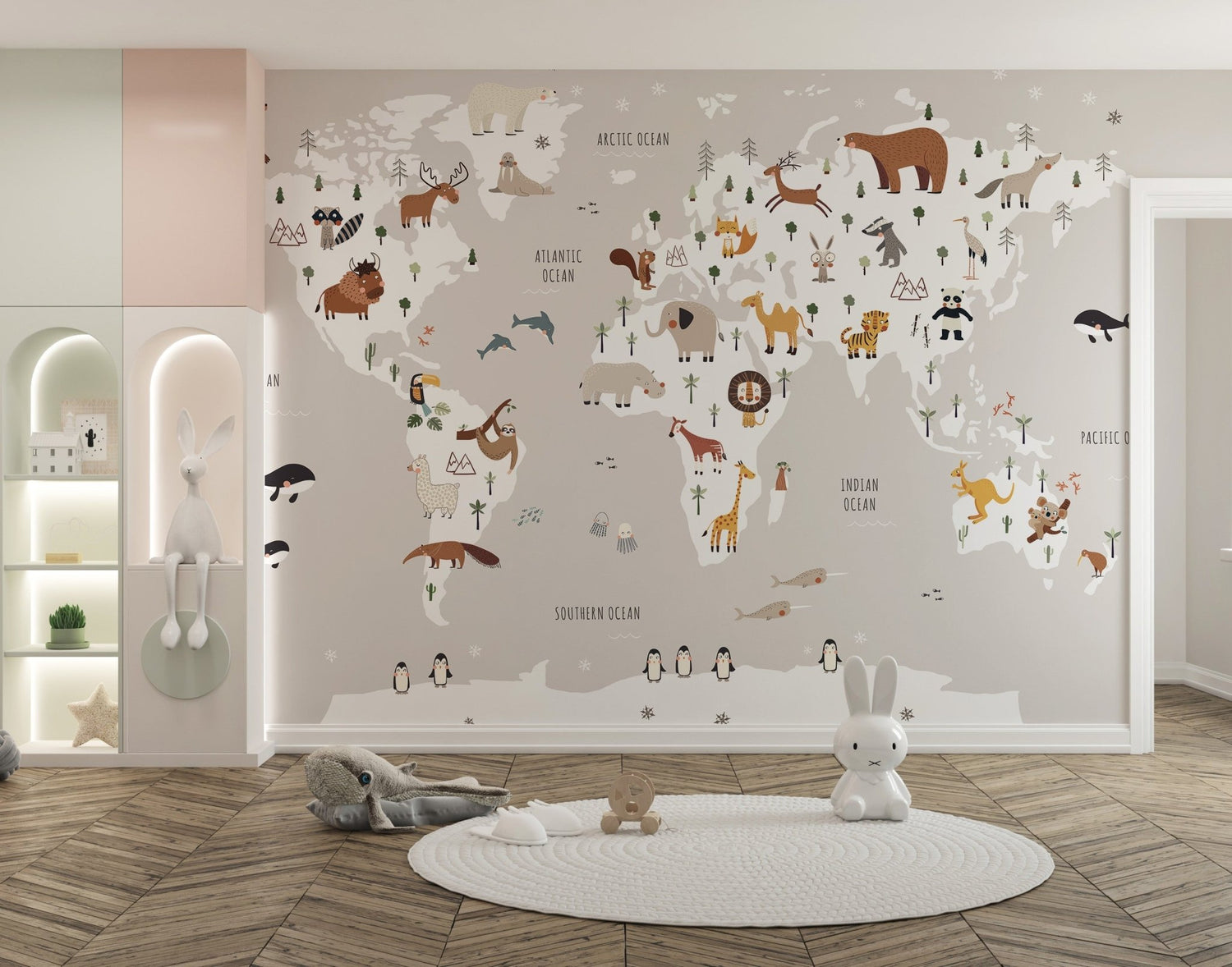 Watercolour kids map wallpaper mural showing world atlas and animal