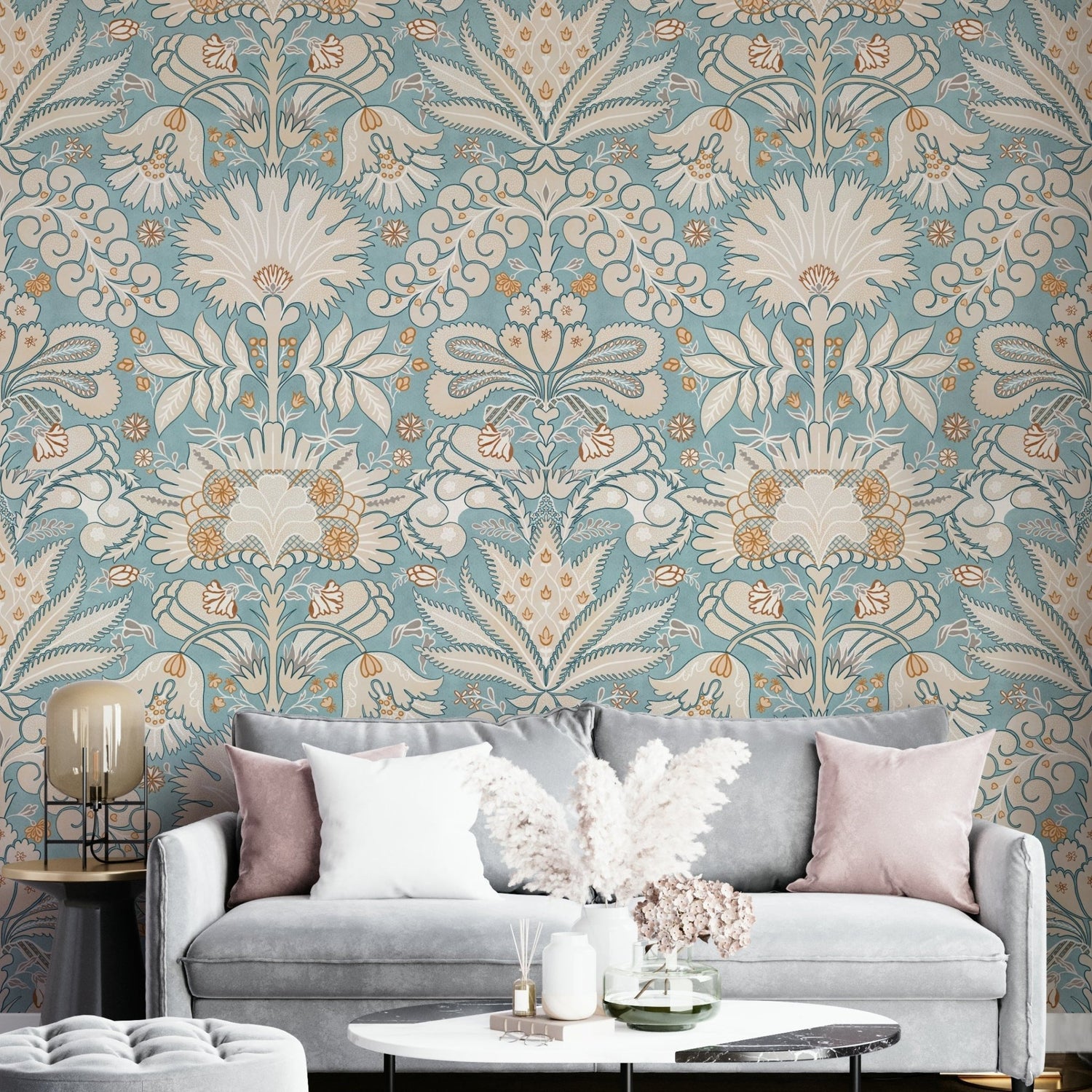 Maria Korkinova aqua damask mural in a bright room