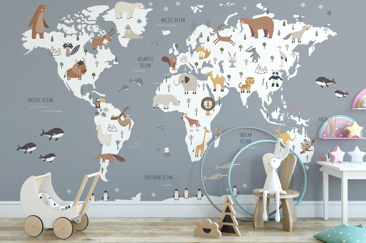 Marta Munte designer wallpaper mural with hot air balloon animals, cat and dog repeat patterns, linen check grids, and daisy prints on a nursery wall