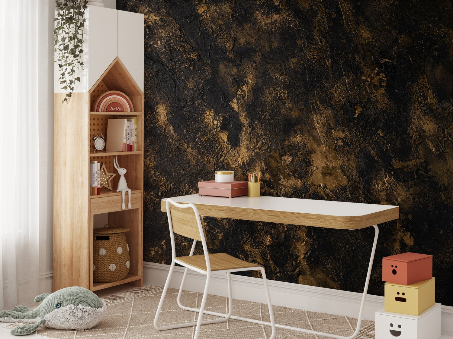 Metal wallpaper mural showing brushed steel and aged copper finish on a feature wall