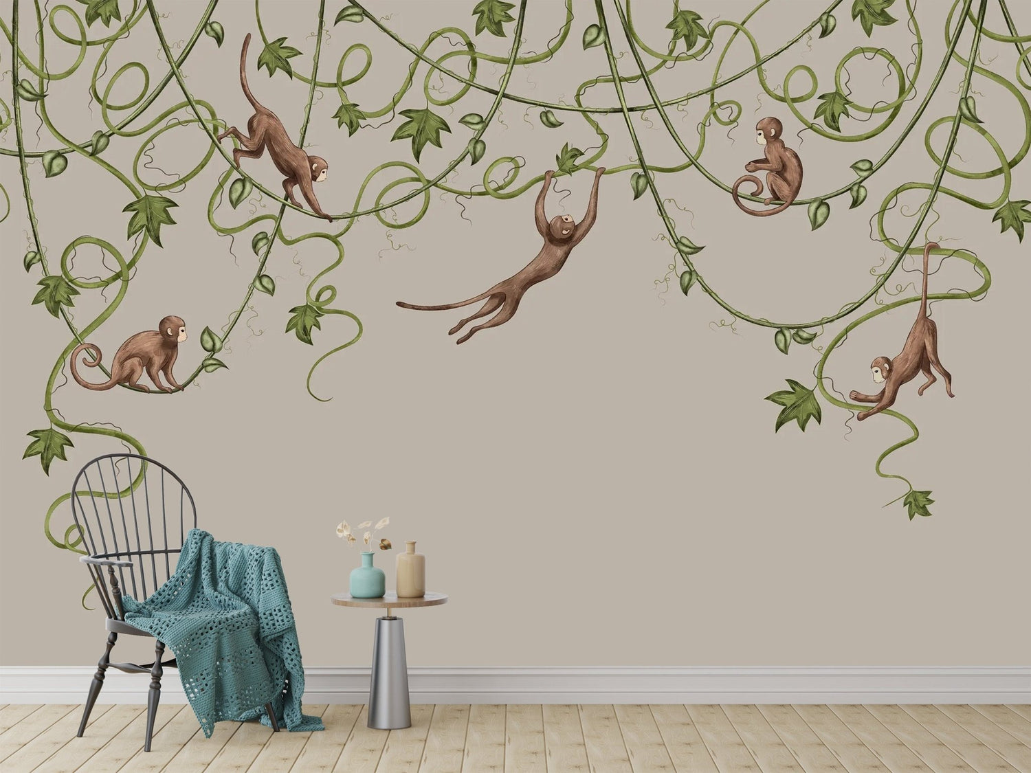 Monkey wallpaper showing primates among tropical leaves, vines, and tree branches in an illustrated jungle scene
