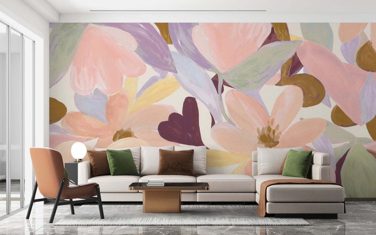 Multicolour wallpaper feature wall in a bright modern home interior