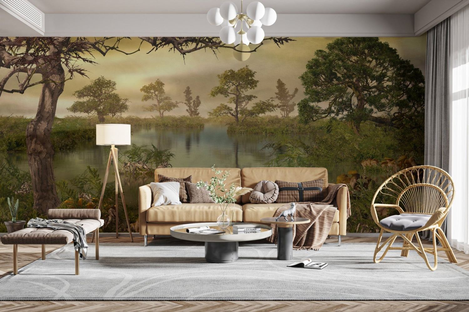 Modern living room featuring a stunning accent wall with a misty forest nature wallpaper behind a grey sofa.