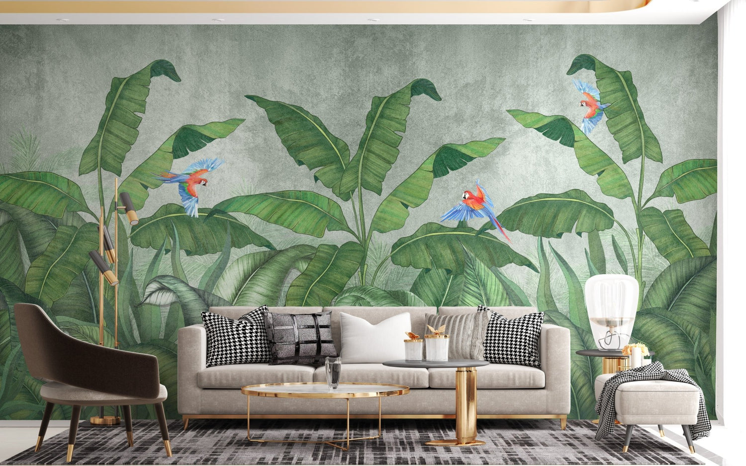 An exotic parrot wallpaper with a jungle rainforest theme featuring a colorful parrot wall mural and other exotic bird wallpaper.