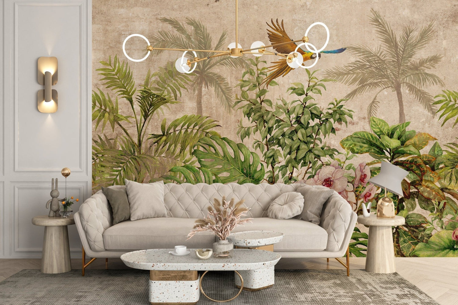 A vibrant living room wall adorned with a bold, botanical-patterned peel and stick wallpaper.