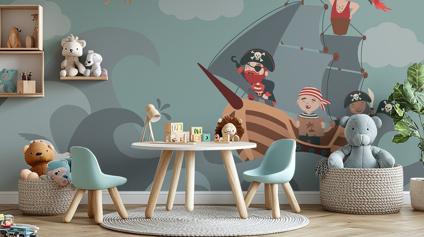 A kid's bedroom featuring a playful Pirate Wallpaper with cartoon ships, treasure chests, and islands on a blue ocean background.