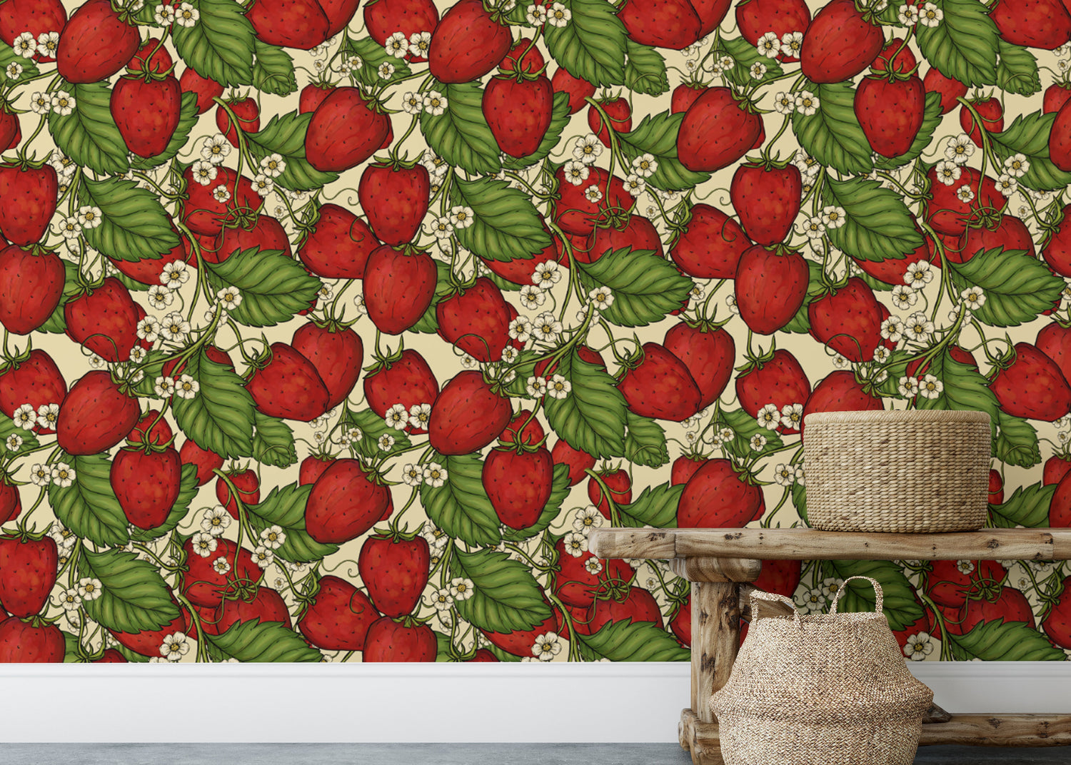 strawberry wallpaper with red berries and green leaves mural
