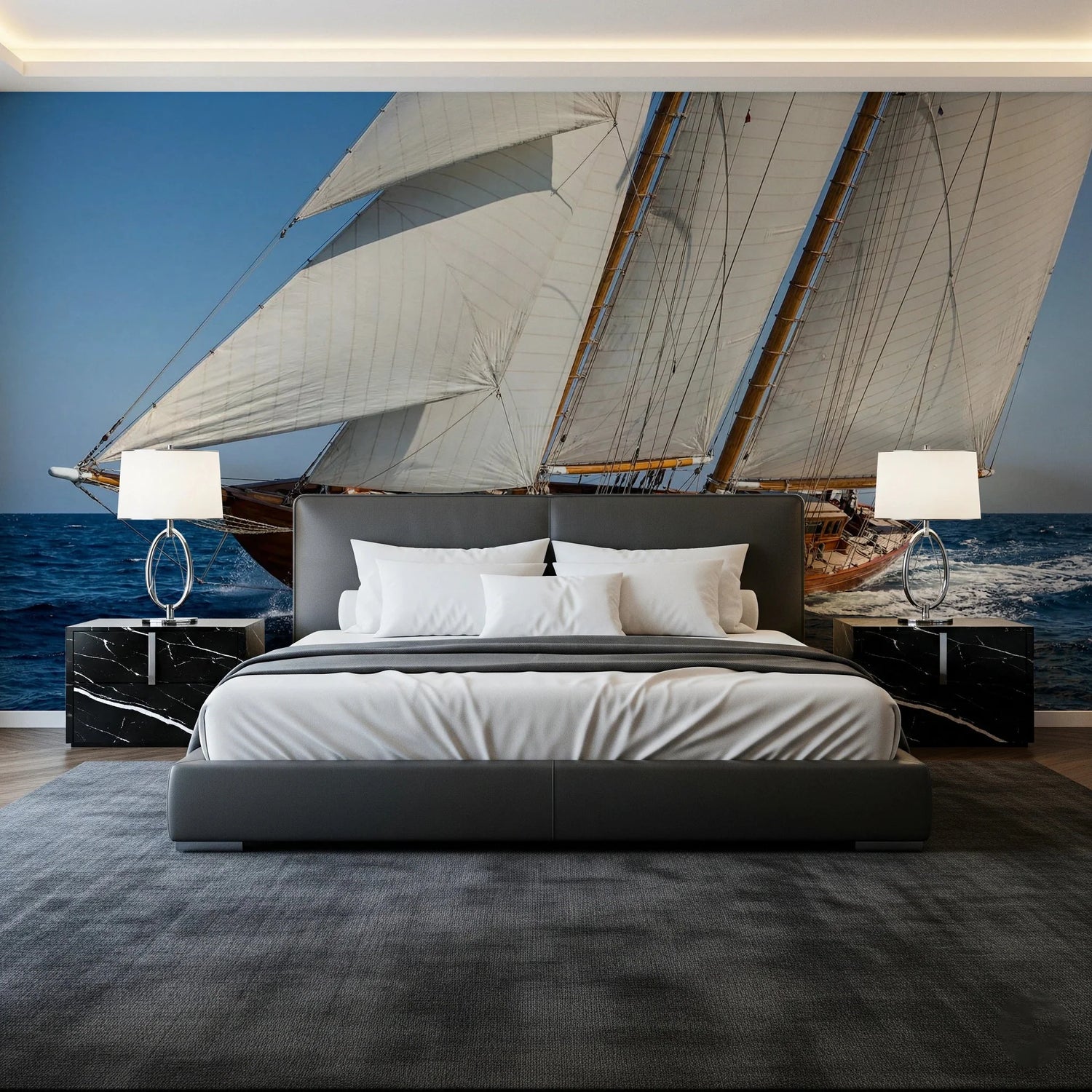 sailing wallpaper with sailboat and regatta murals in coastal blue tones