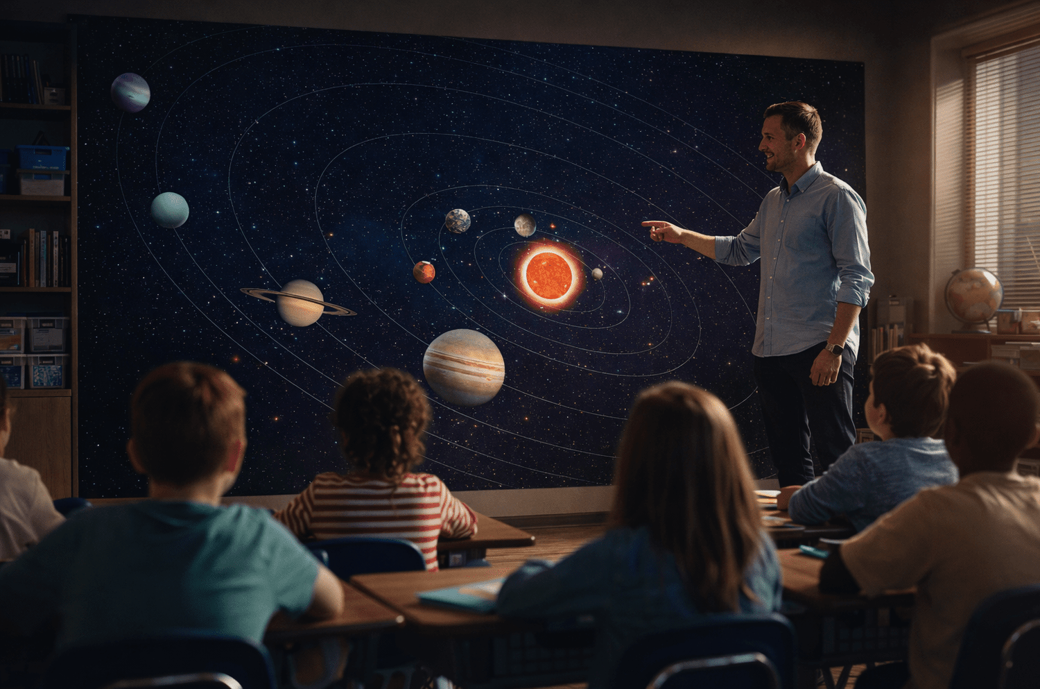 Modern classroom interior featuring a creative educational school wallpaper mural to inspire learning.