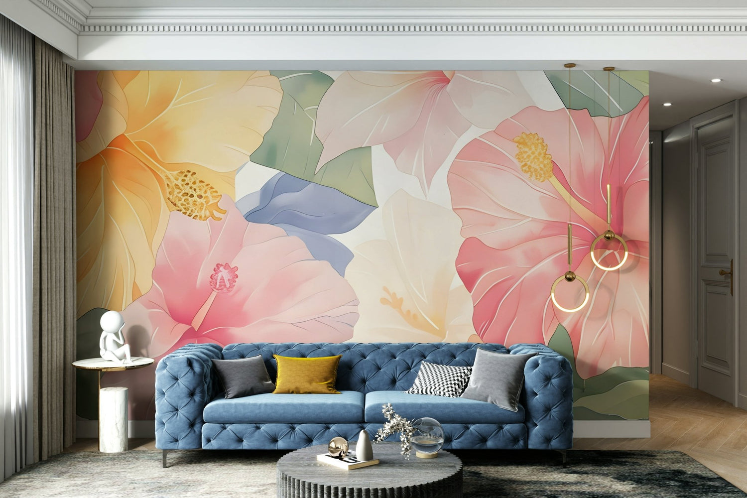 SL Designs studio wallpaper mural with watercolour jungle friends nursery scene, pastel hibiscus florals, and foggy wilderness forest art on a residential wall
