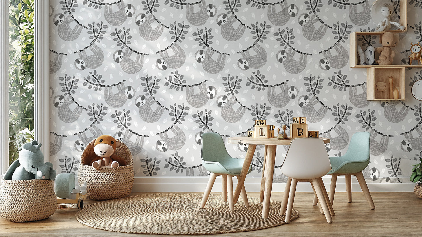 sloth wallpaper with hanging sloths on leafy jungle branches mural