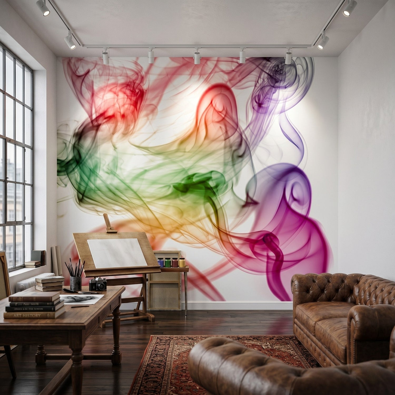 Colorful smoke wallpaper mural with rainbow swirls on a white wall in an artist studio lounge