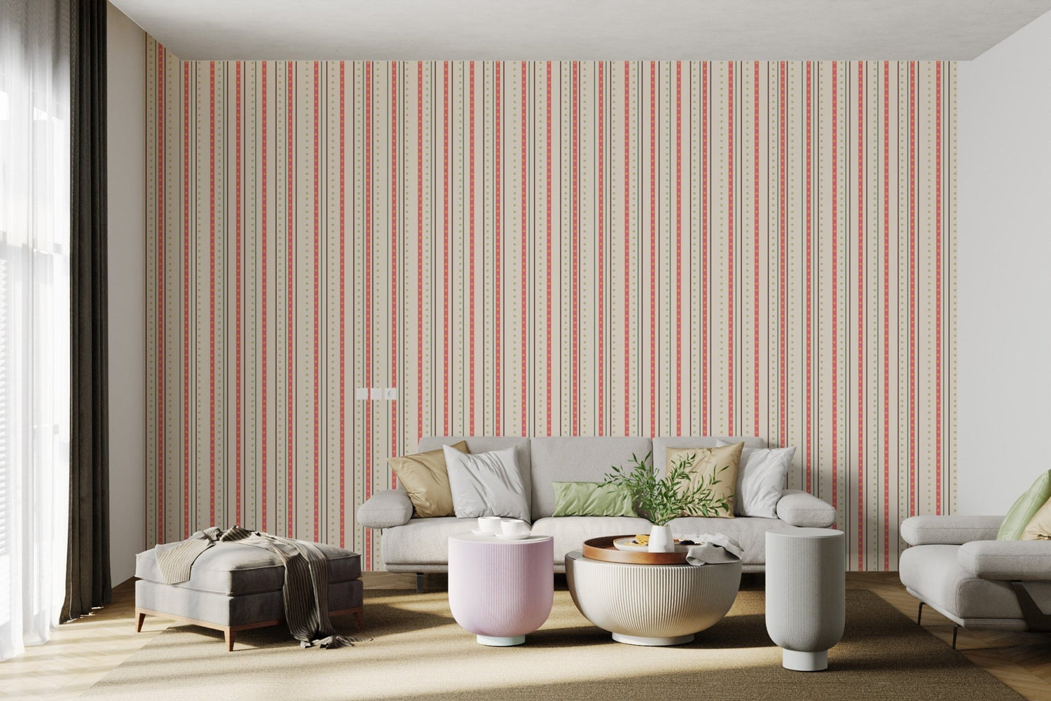 Striped wallpaper feature wall in a styled room setting