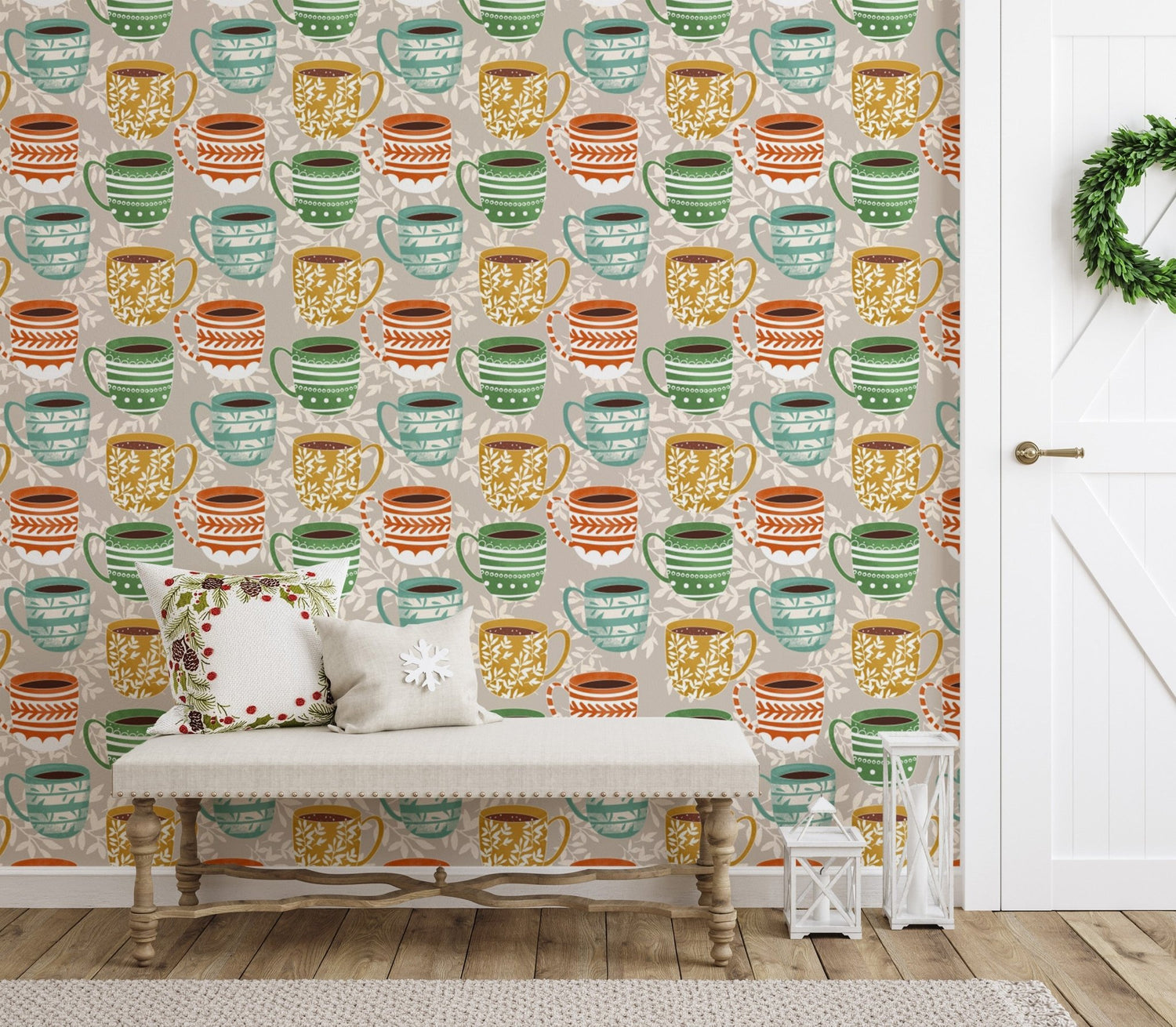 Susana Costa olive leaf stripe mural in warm boho tones
