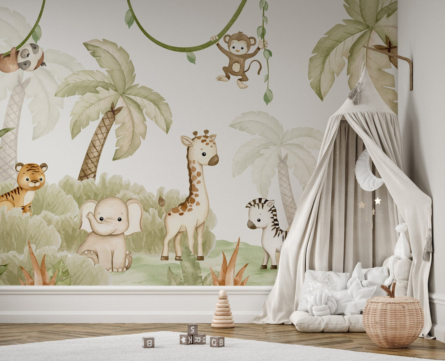 Toddler wallpaper mural with soft animal scene in a calm child's room