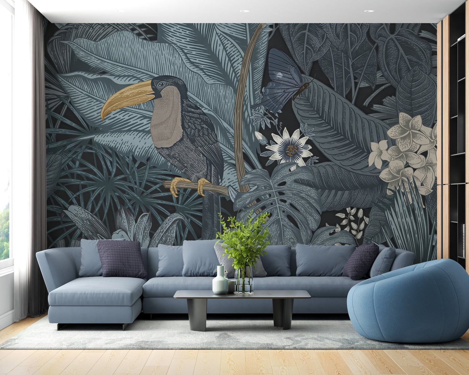 Toucan wallpaper mural showing tropical among jungle foliage
