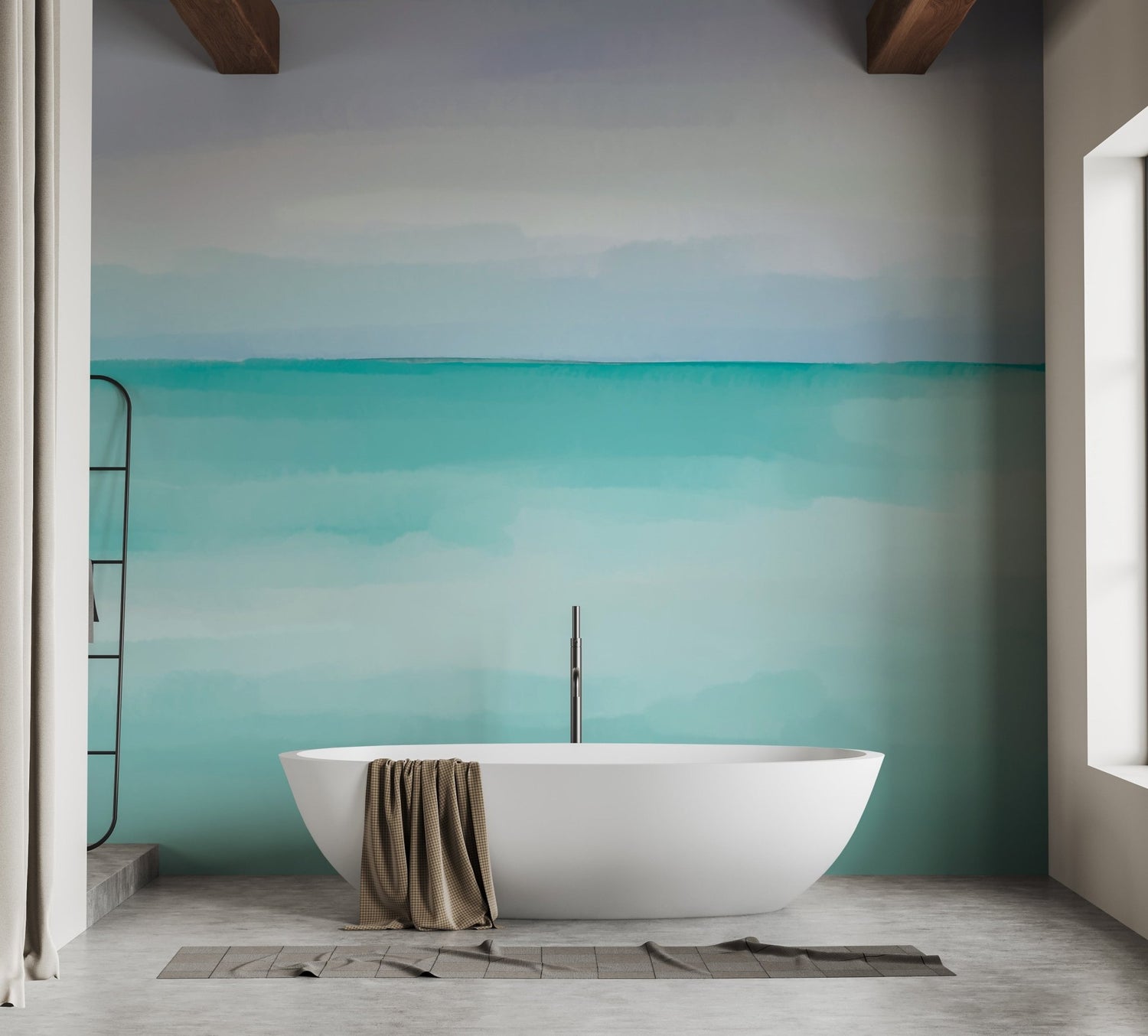 Turquoise wallpaper in a coastal lounge room with rattan chair and pale oak floor.