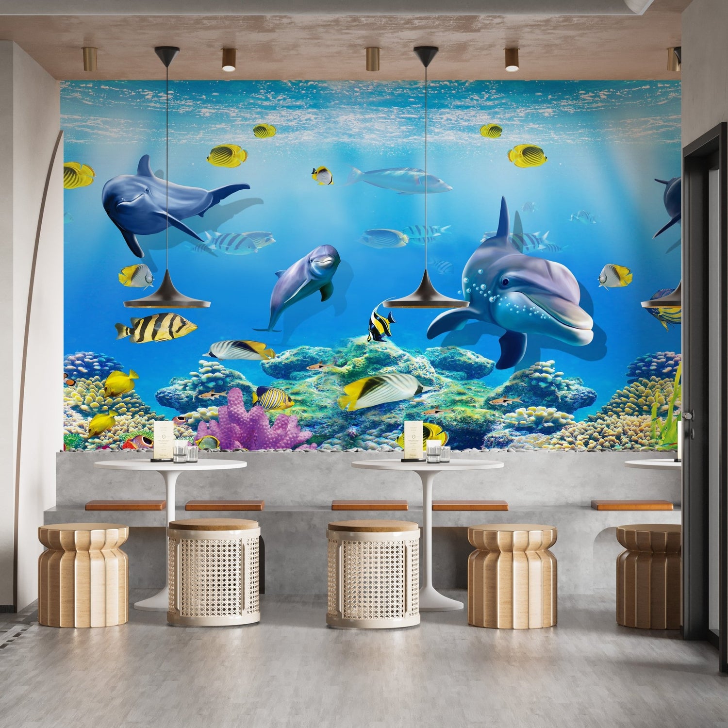 Underwater wallpaper showing coral reef, fish and gentle blue light 