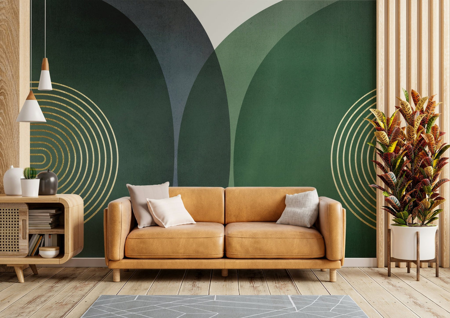 Urban Epiphany designer wallpaper mural with modern sunset arch, emerald hexagon, azure tree, world map burnt orange, and gold branch geometric scenes on a residential wall