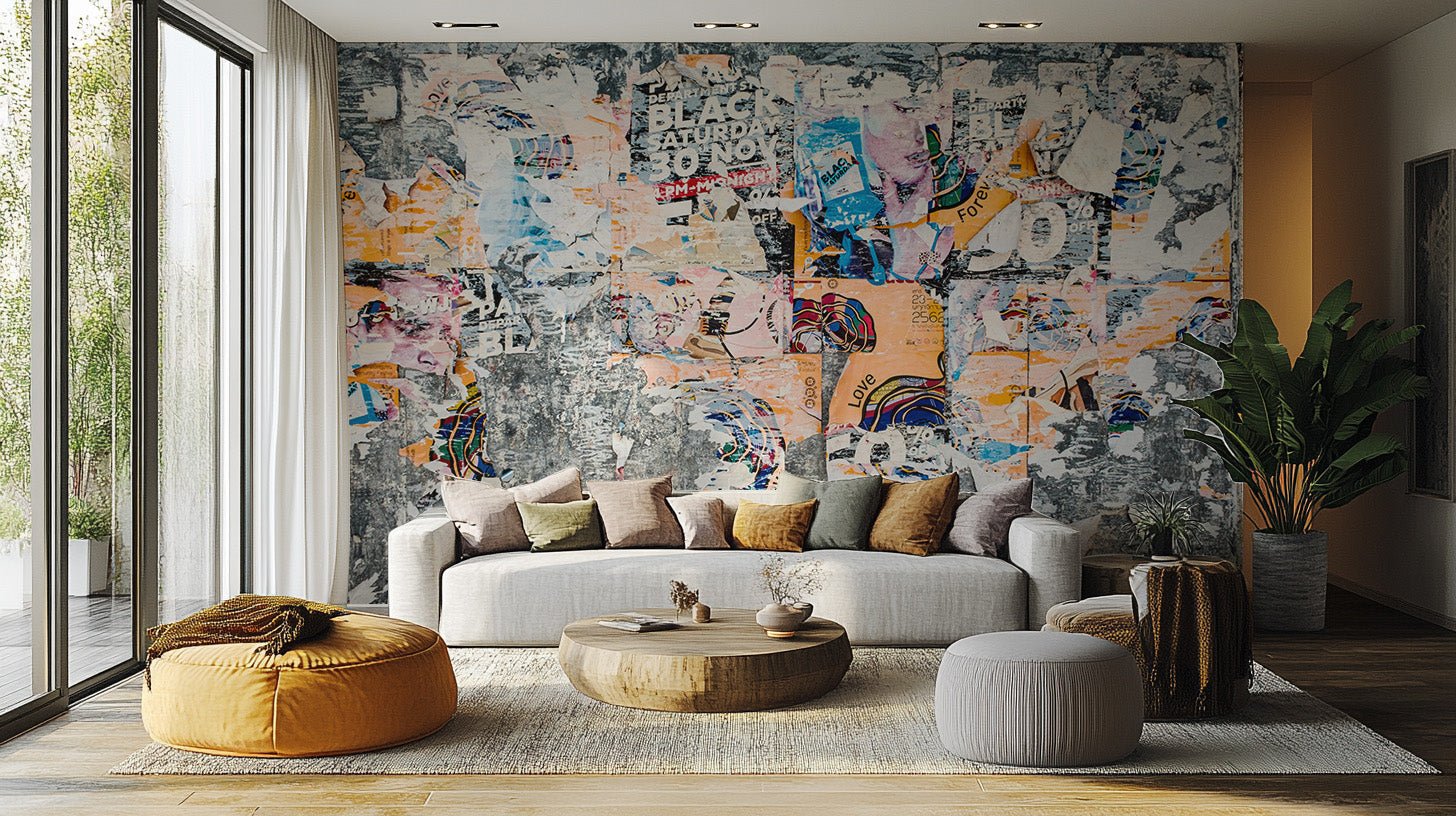 Urban wallpaper mural showing a detailed city skyline across a feature wall