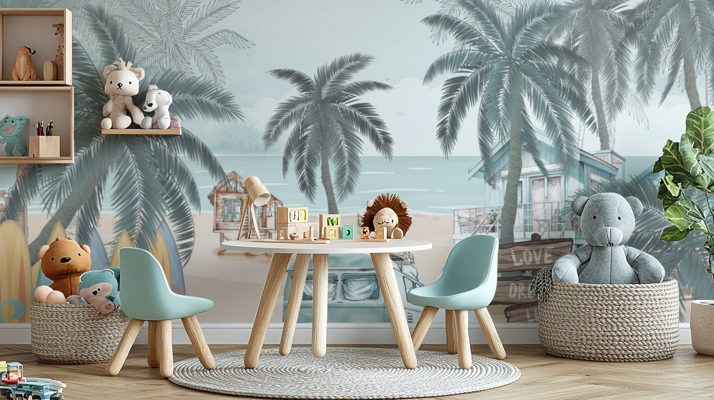 coastal hamptons wallpaper with relaxed beach classic murals in washed blue