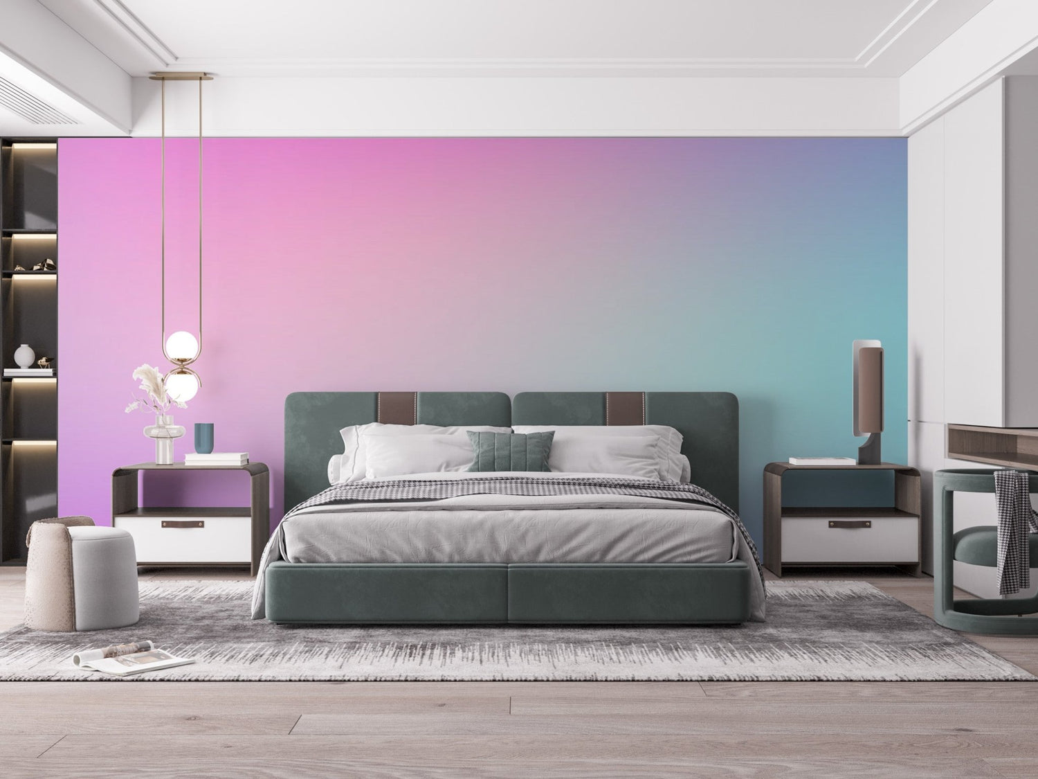 Watercolor wall mural in soft blue and green washes printed across a full accent wall