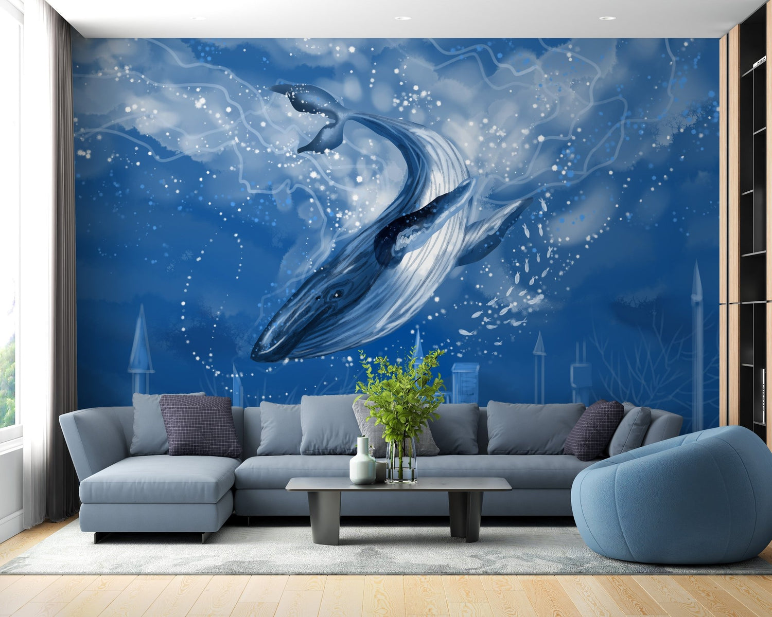 Whale wallpaper mural showing Fishes swimming through open ocean water