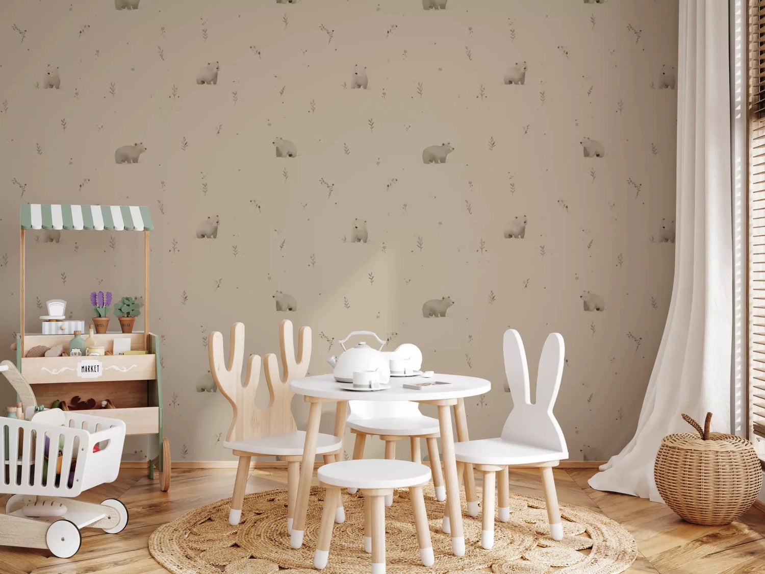 bear wallpaper with woodland bear mural for a kids room feature wall