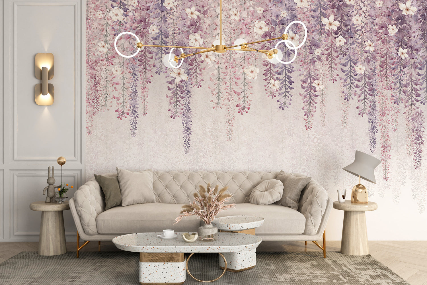 wisteria wallpaper mural with cascading purple blooms and vines