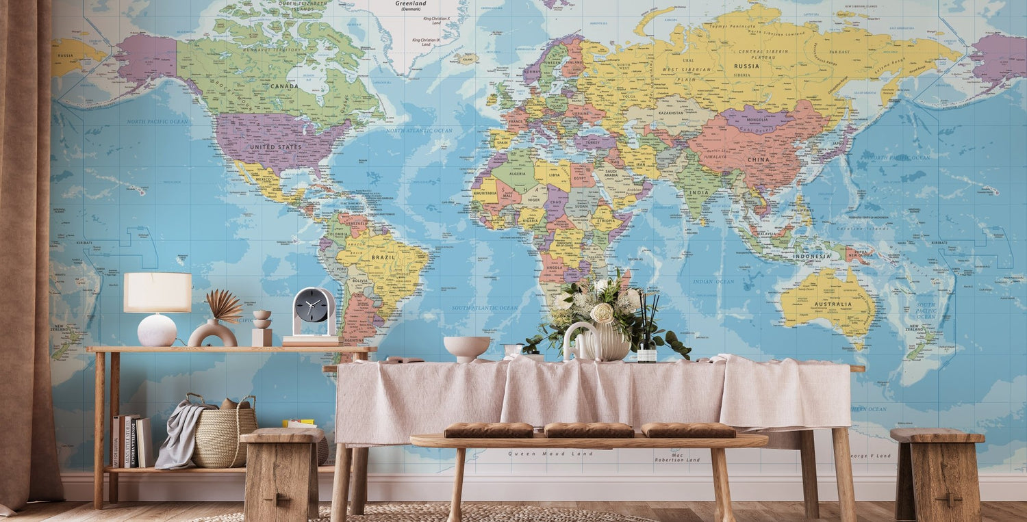 World map wallpaper detailed atlas mural for commercial wall
