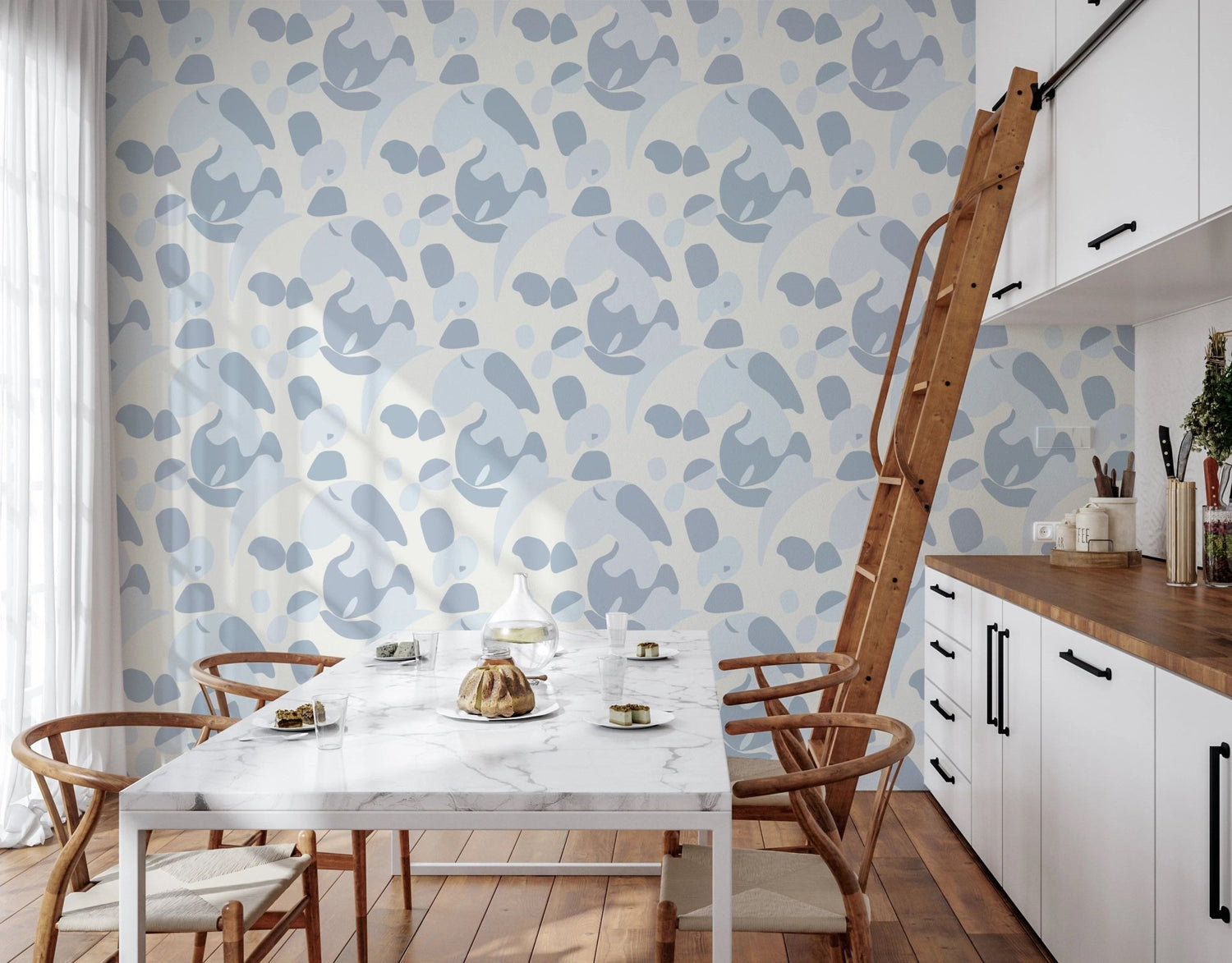 Zhining Dong Delft blue porcelain vase tile mural on a pale wall 