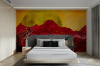 Golden sun setting behind red peaks – mountain wallpaper with warm tones
