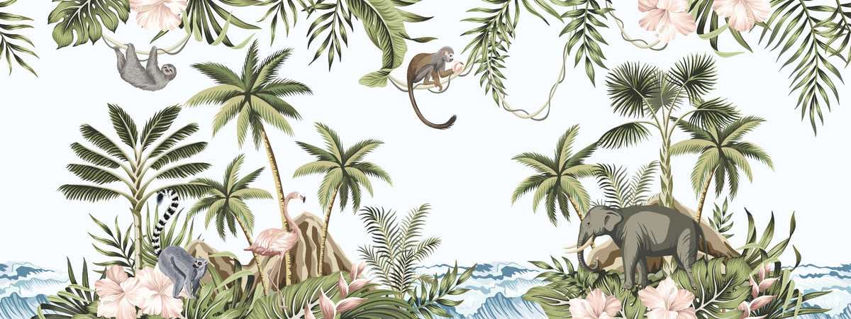 Vintage Tropical Forest Wallpaper mural in your room — zoomed