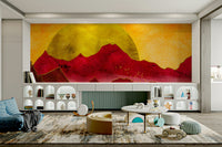 Minimalist mountain wallpaper with golden sun above rugged red cliffs

